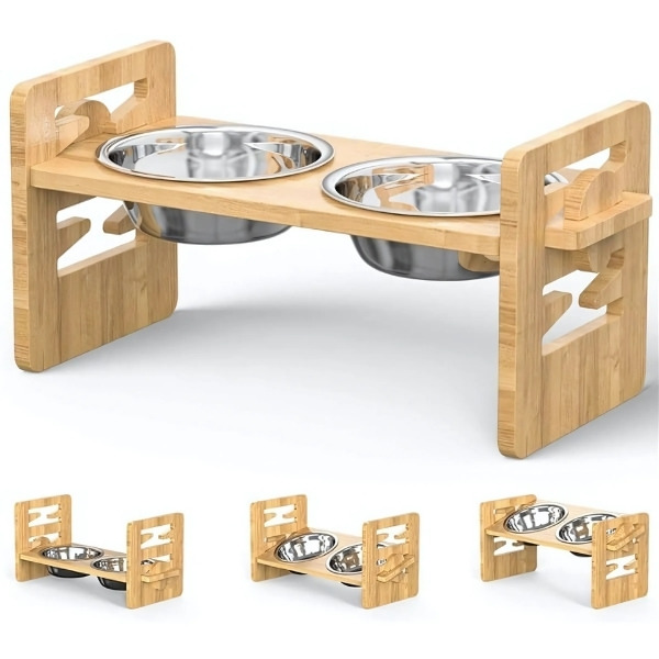 Bandeja-elevado-ajustable-de bambú-para-perro-doble-multi-altura