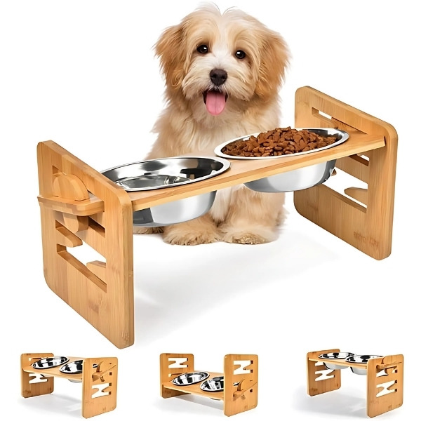 Bandeja-elevado-ajustable-de bambú-para-perro-presentación