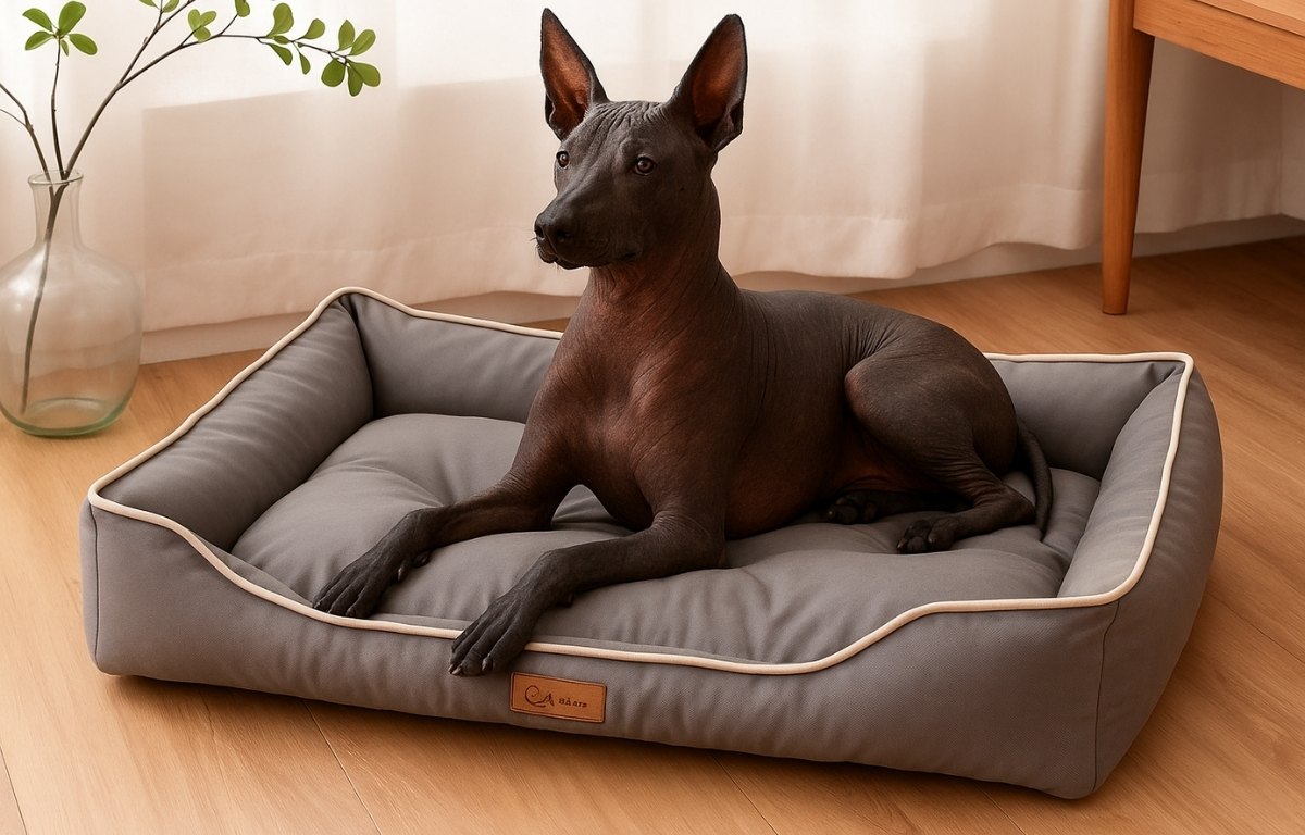 perro-Xoloitzcuintli-cama-marrón