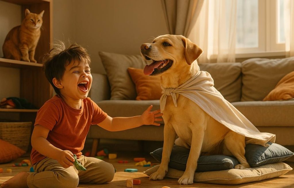 perro-y-gato-jugando-con-un-niño