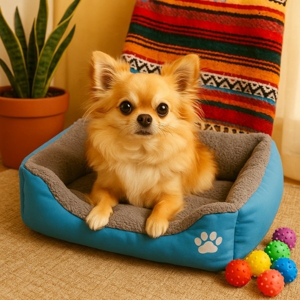 Cama-azul-Acolchada-con-Estampados-para-Perros
