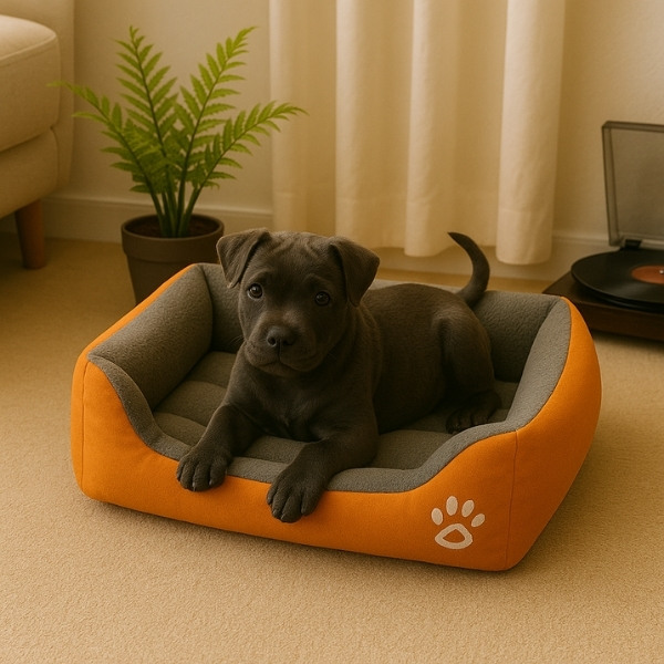 Cama-lavable-naranja-Acolchada-con-Estampados-para-Perros