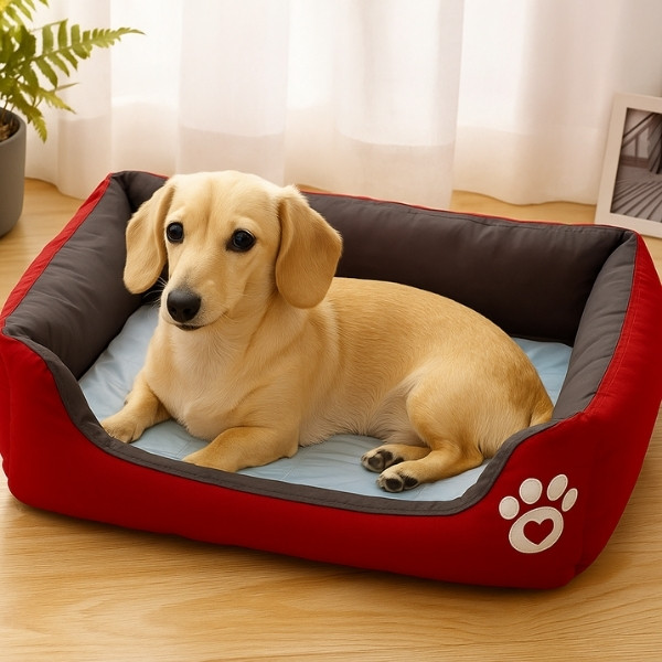Cama-rojo-Acolchada-con-Estampados-para-Perros