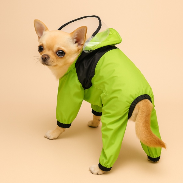 Impermeable-verde-para-perro-con-capucha-transparente-presentación