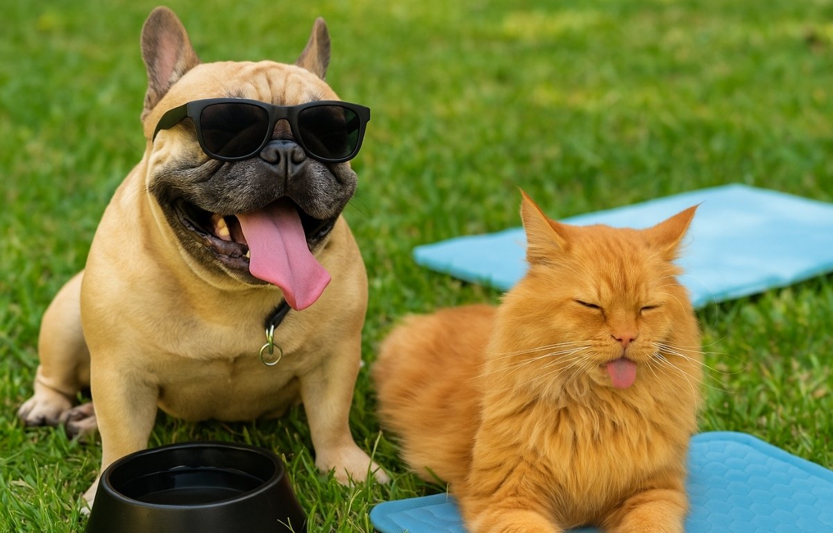 perros y gatos que se refrescan con agua y un tapete refrescante