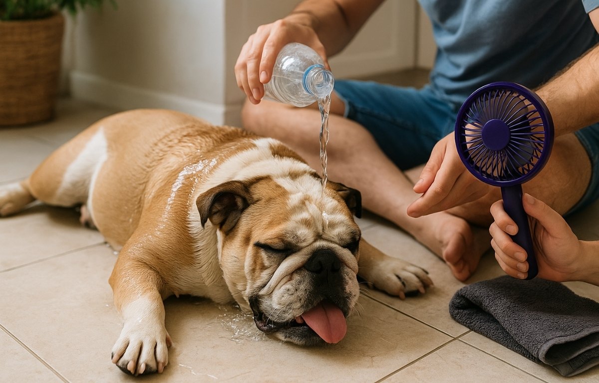 perro con ventilador y enfría con agua