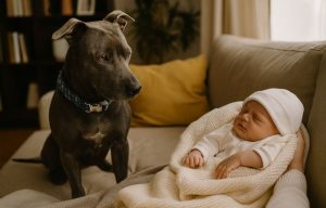 Un perro gris sentado en un sofá observa atentamente a un recién nacido dormido, mostrando una convivencia tranquila y afectuosa entre mascota y bebé en un ambiente hogareño y cálido.