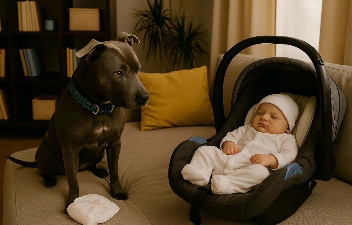 Un perro sentado en un sofá observa con atención a un recién nacido envuelto, representando con ternura el primer encuentro entre una mascota y un bebé en un hogar familiar.