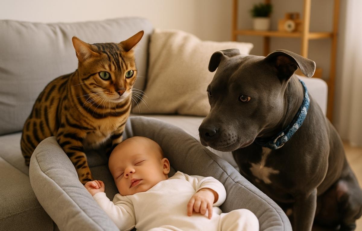 Un perro y un gato observan con calma a un bebé dormido en un moisés sobre el sofá, escena tierna de convivencia entre mascotas y recién nacido.
