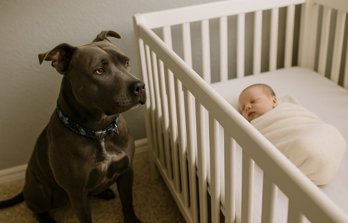 Perro sentado junto a la cuna de un recién nacido dormido, ilustrando la conexión protectora entre mascota y bebé.