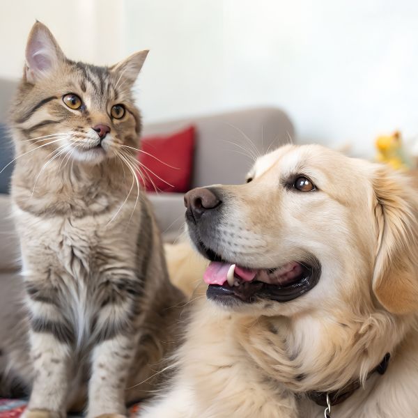 perro y gato relajados juntos en el sofá de una casa acogedora